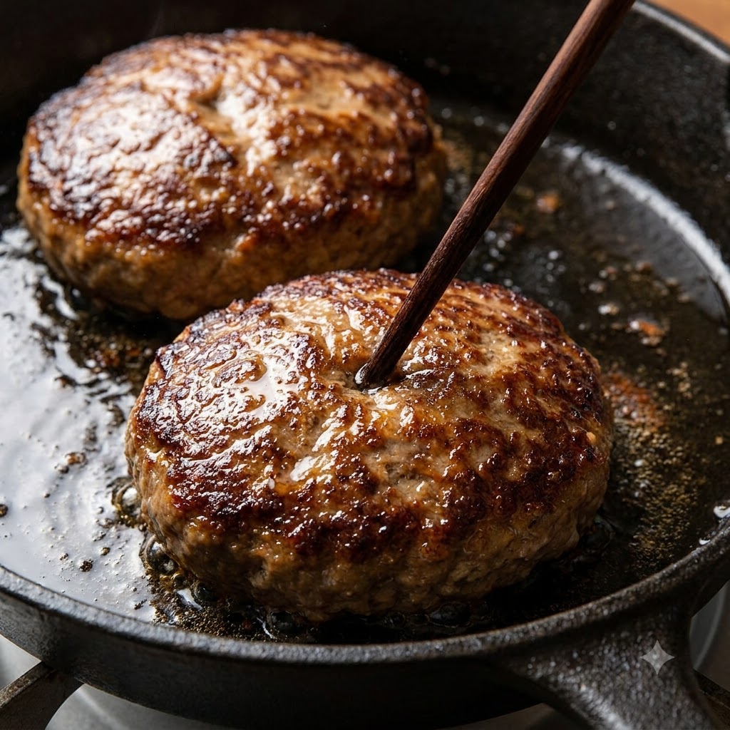 鋳鉄製のスキレットで焼かれているハンバーグパティの中心に、木製の箸が刺さっているクローズアップ画像。