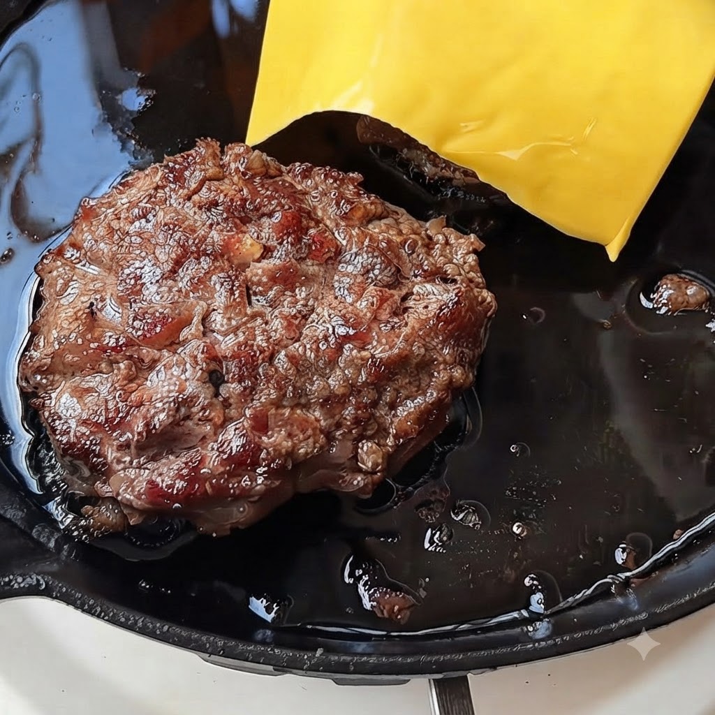 熱いスキレットの中で調理されたハンバーグパティの上に、2枚のイエローチーズがとろけている様子。