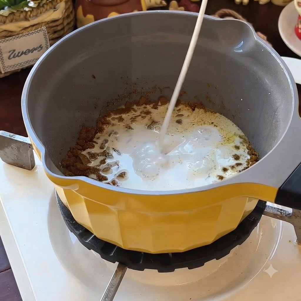 スパイスと玉ねぎが入った黄色い鍋へ、注ぎ口からココナッツミルクが注がれている様子。