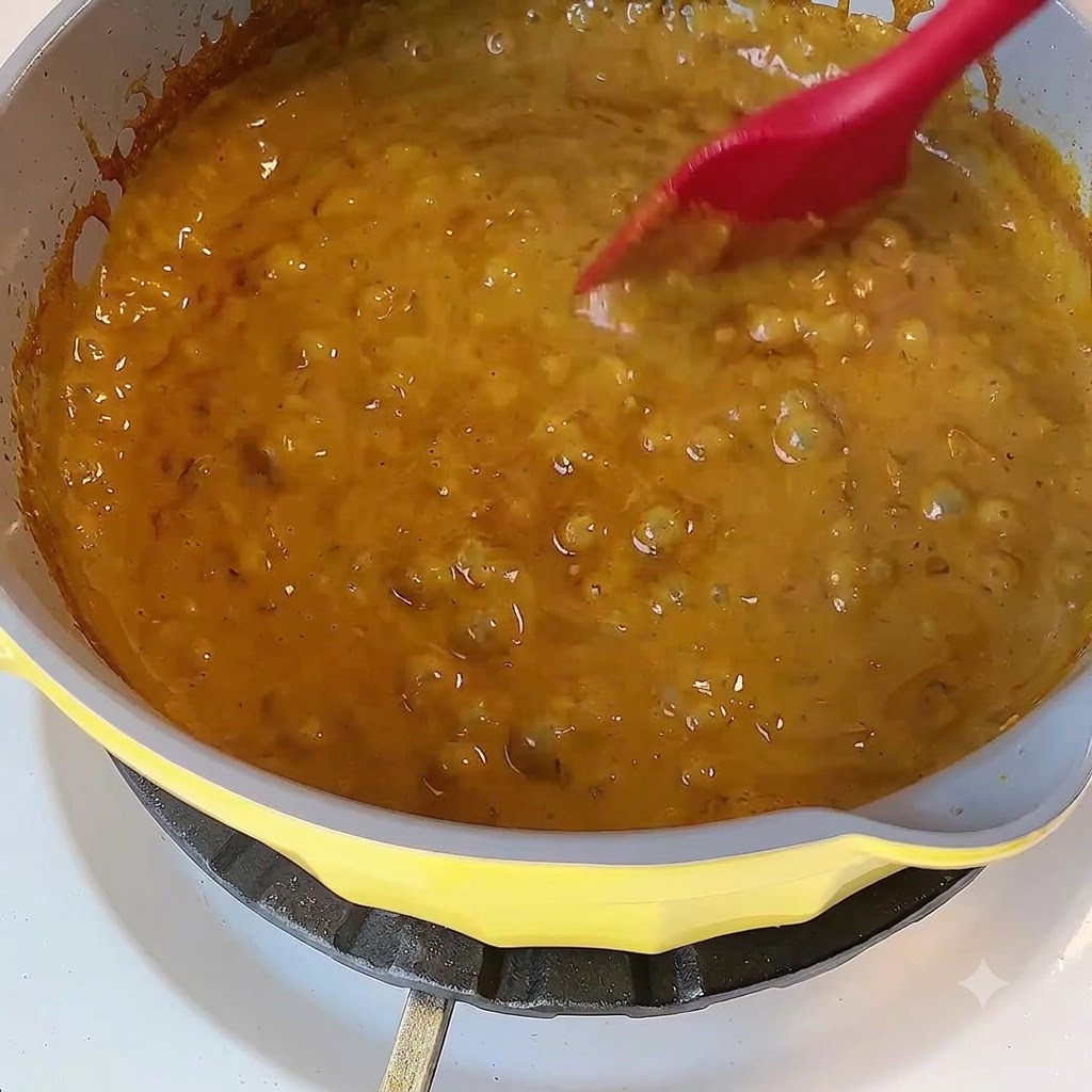 赤いシリコンスパチュラでかき混ぜられながら、黄色い鍋の中でとろりと煮込まれるカレーソース。
