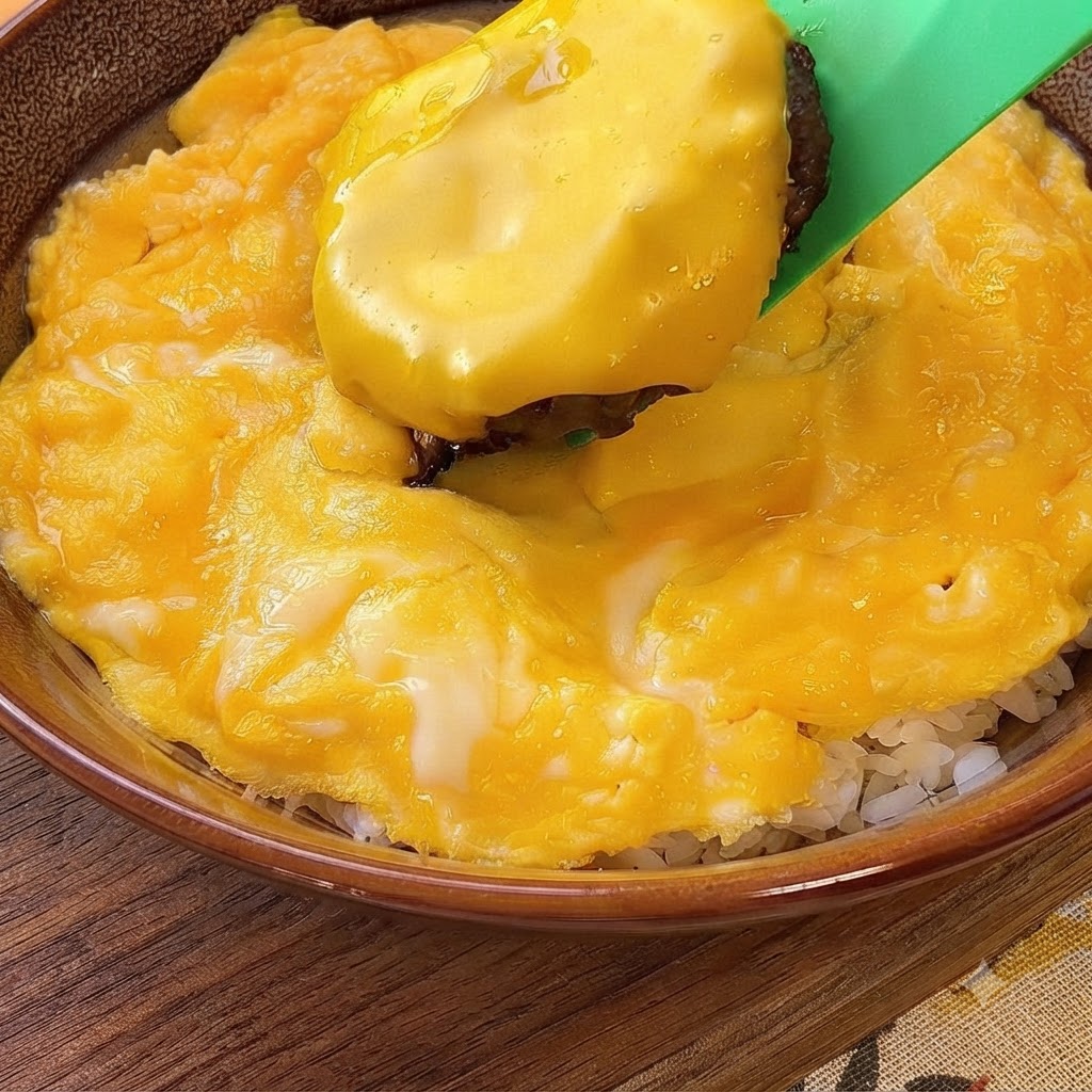 緑色のスパチュラですくい上げられたチーズハンバーグパティが、スクランブルエッグとご飯の上に運ばれているところ。