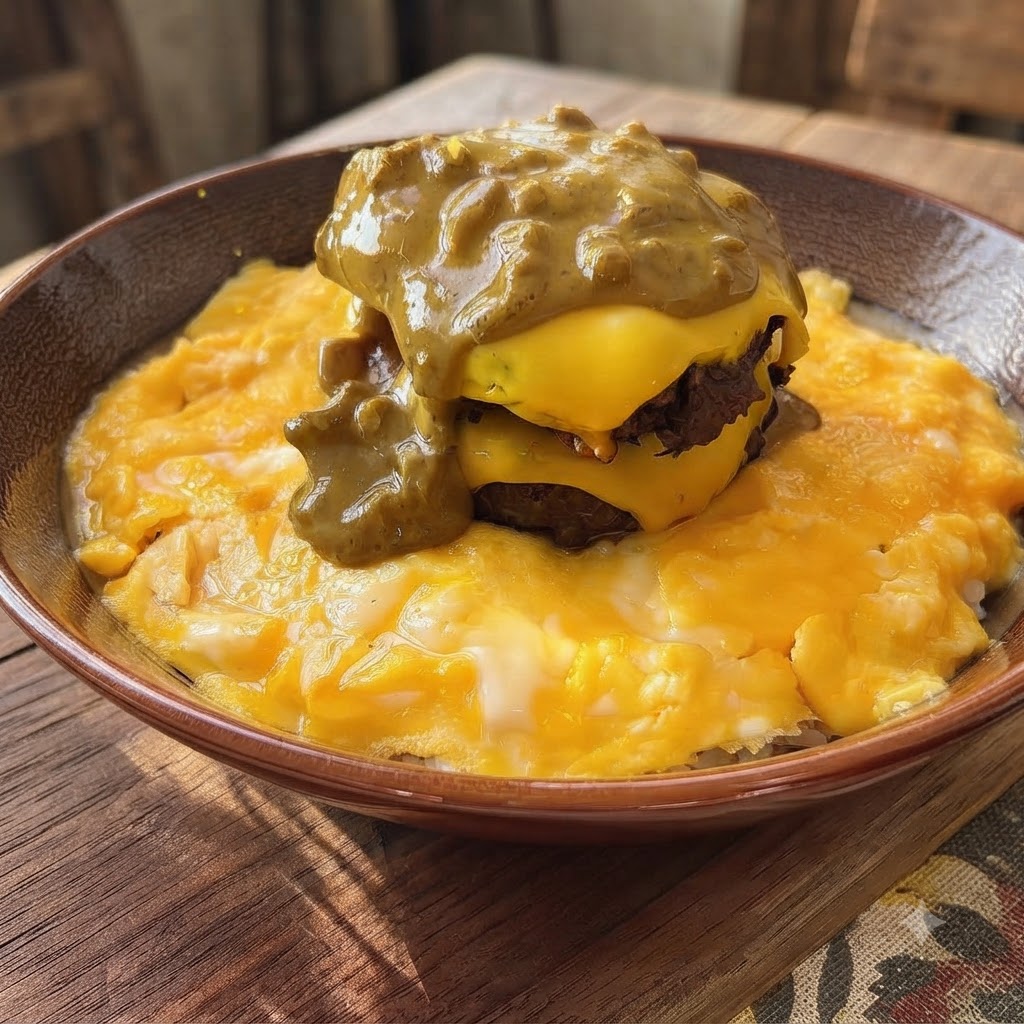 ボウルに盛られたチーズハンバーグ、卵、ご飯の上に、濃厚なココナッツカレーソースがかけられている様子。