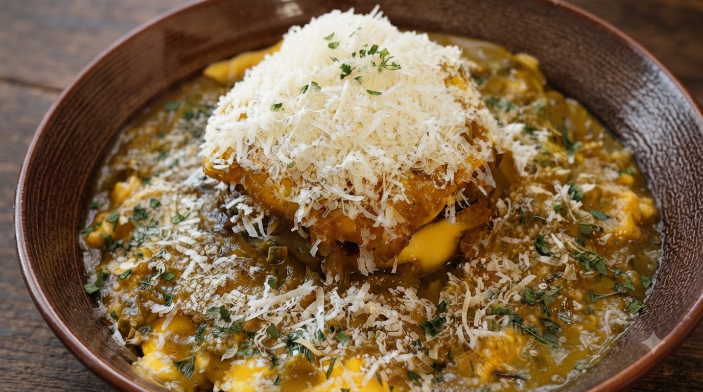 ご飯の上に盛られたカレーチーズハンバーグ。たっぷりの粉チーズと乾燥パセリがトッピングされています。