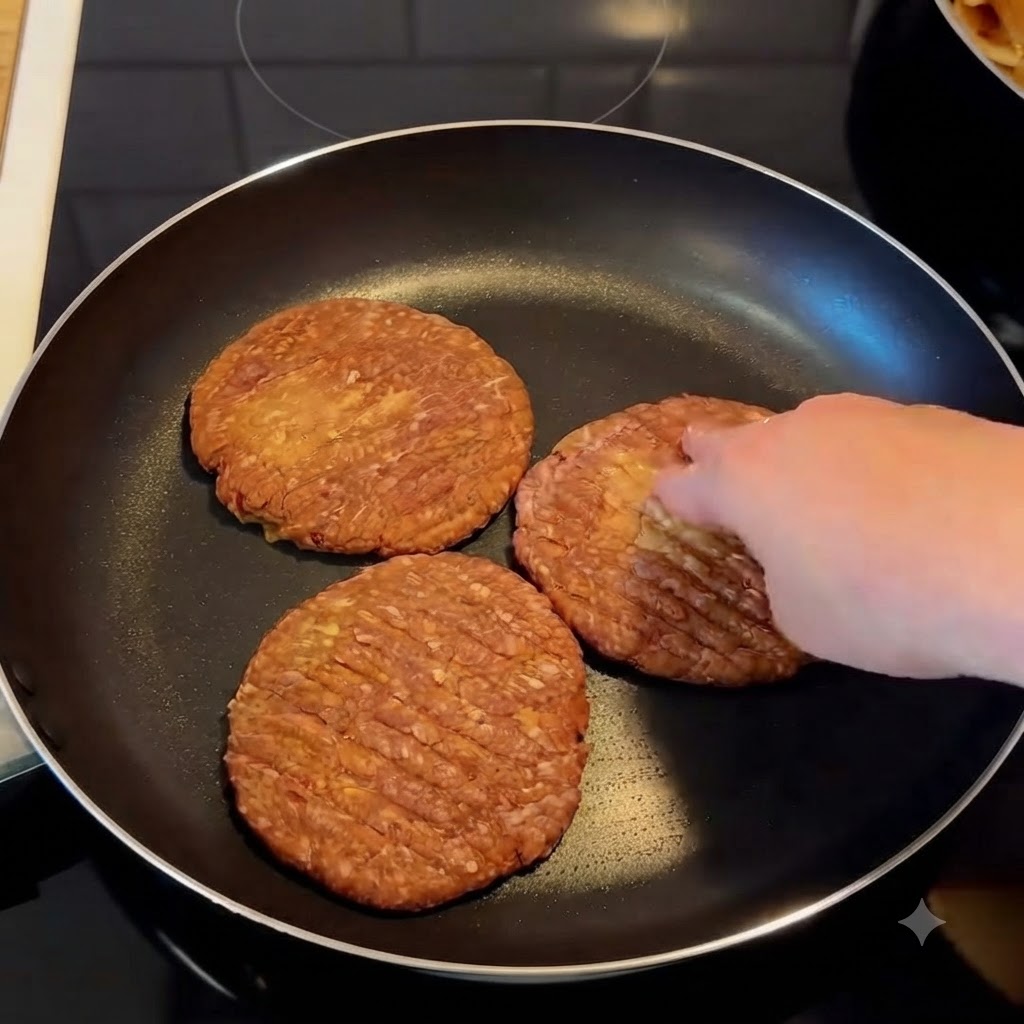 熱したフライパンで3枚のバーガーパティに手でスパイスを振っているクローズアップ。