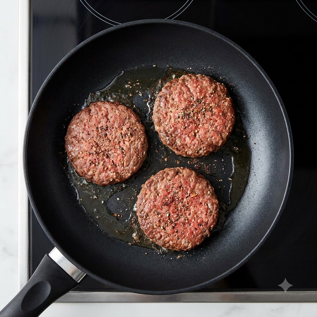 黒いヘラを使ってフライパンの中でバーガーパティを裏返している様子。