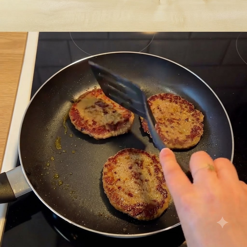 スキレットで調理中の温かいバーガーパティの上にチーズのスライスが置かれている様子。