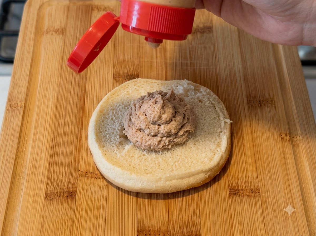 スクイズボトルを使って、スライスしたバーガーバンズの中心にソースをしぼり出している様子。