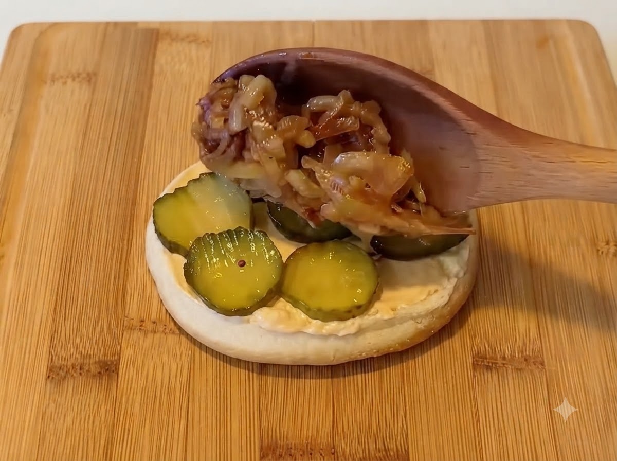 木製のスプーンを使って、バーガーバンズのピクルスの上にキャラメルオニオンをすくい入れている様子。