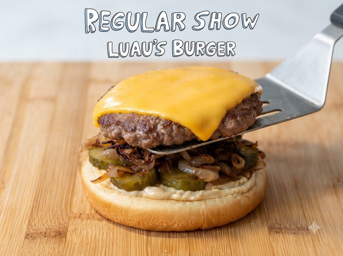 バーガーパティのとろけたチーズの上に、パイナップルリングが慎重に配置されている様子。
