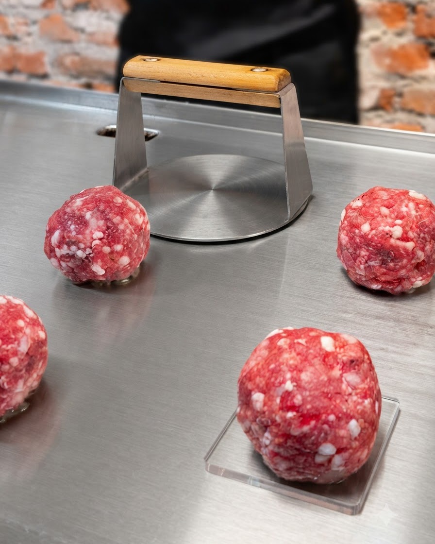 熱したステンレス製のフラットなグリドル上で、肉プレスツールを使って牛ひき肉のボールを平らにしている様子。