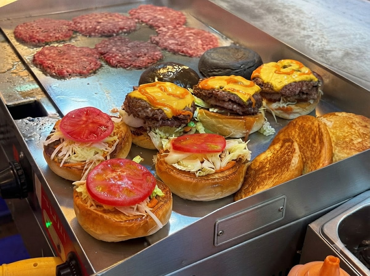 チーズを乗せて焼き上げるバーガーパティの隣に、ハンバーガーバンズ、レタス、スライスしたトマトが準備されている様子。