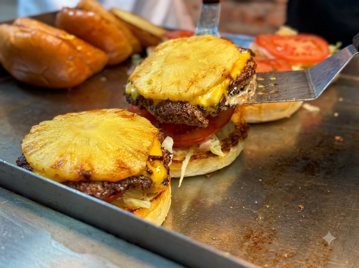 金属製のスパチュラを使って、とろけるチーズとパイナップルスライスが乗った焼き立てのバーガーパティをバンズのベースに移動させている様子。