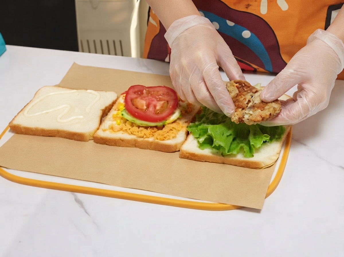 味付けして調理したチキンチョップが、食パン上のグリーンレタスの上に置かれている様子。