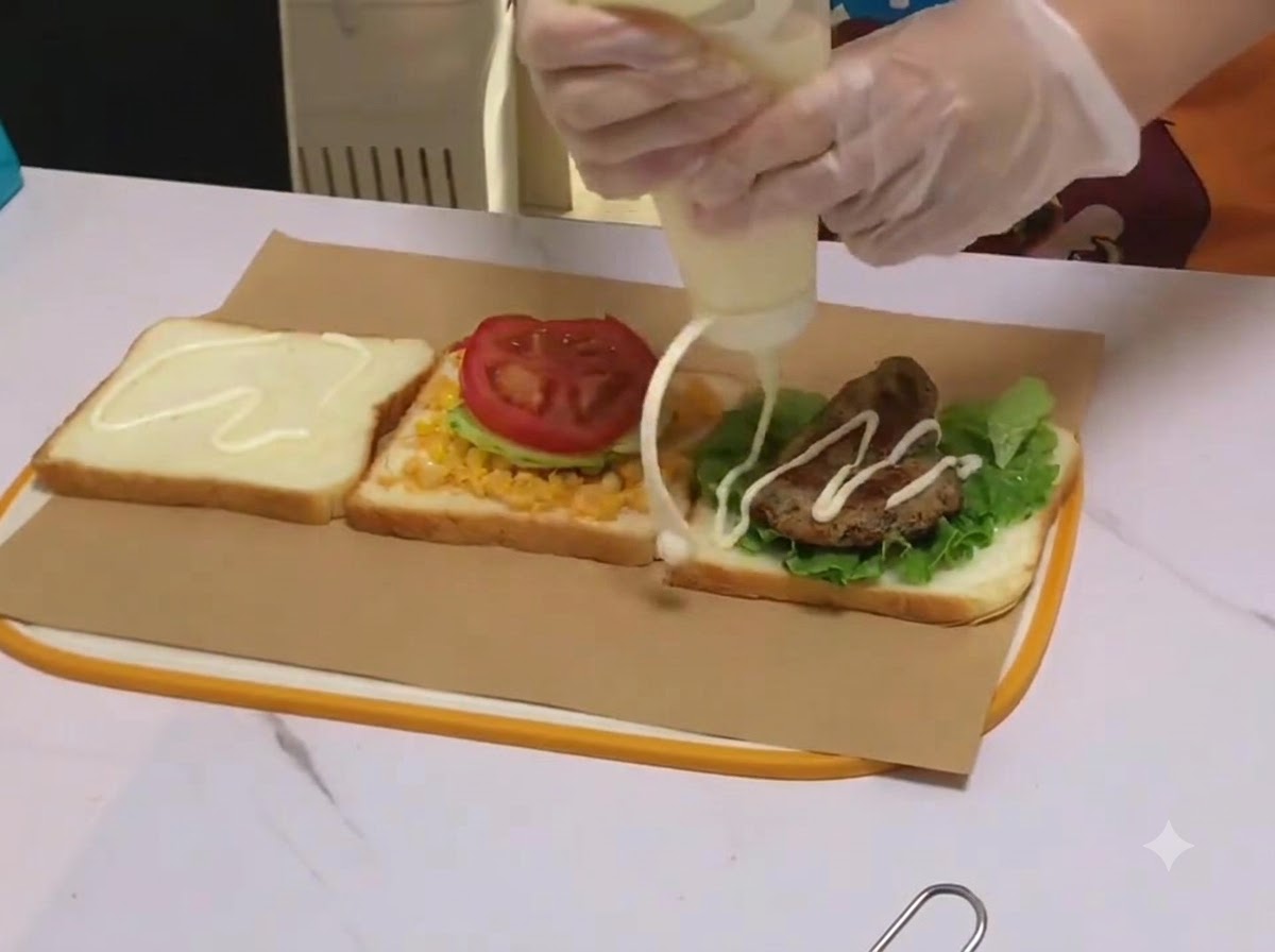 パンの上に置いたチキンチョップに、スクイーズボトルから白いサラダクリームがかけられている様子。