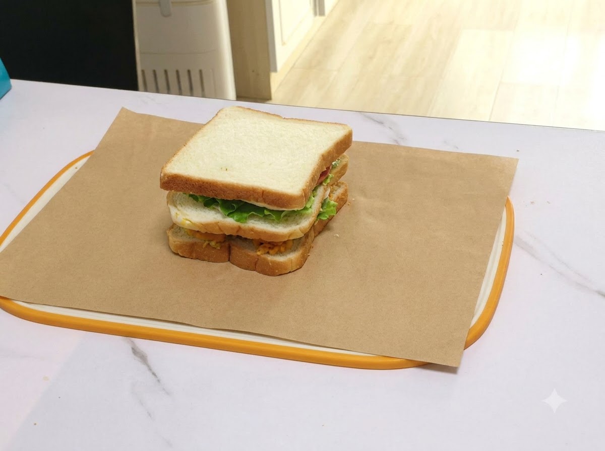 茶色のパーチメント用紙の中央に置かれ、折りたたむ準備ができている積み重ねられたサンドイッチ。