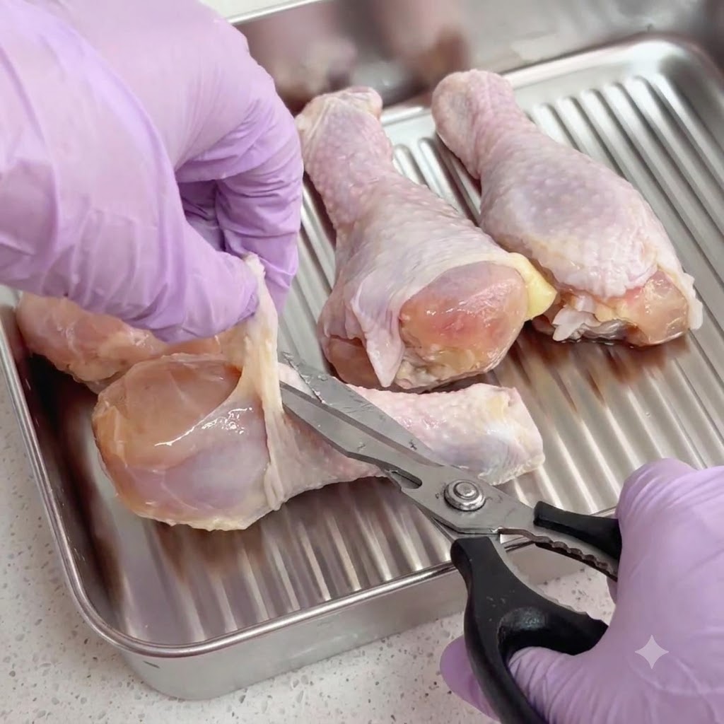 ステンレス製のトレイの中に置かれた生鶏もも肉の余分な脂をキッチンバサミで慎重に取り除いている様子。