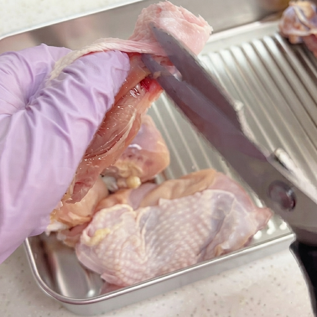 キッチンバサミを使って鶏もも肉の腱と骨の構造を切り離し、肉を取り外している様子。