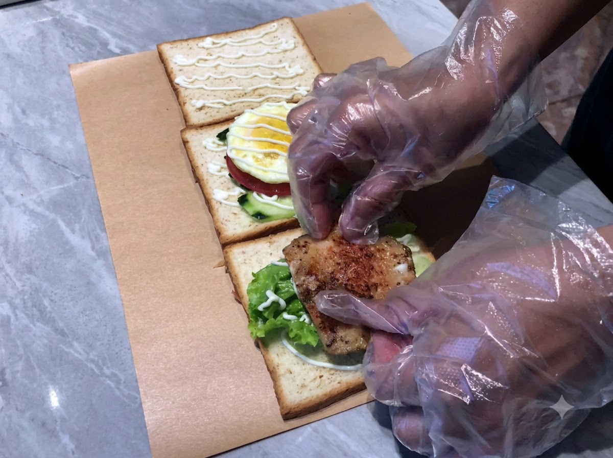 サンドイッチの層にチキンパティと千切り紫キャベツが追加され、マヨネーズがかけられている様子。