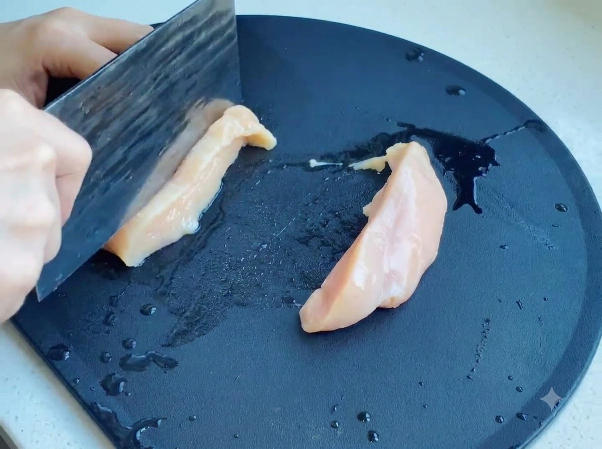 黒いまな板の上で包丁を使ってスライスされている生肉の鶏胸肉。