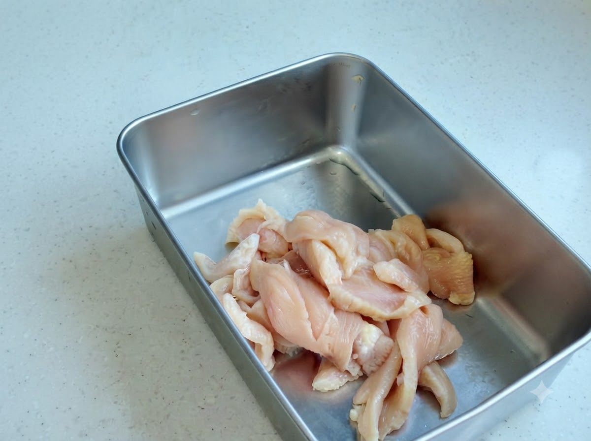 各種調味料やスパイスパウダーが加えられた、金属製容器に入ったスライス鶏肉。