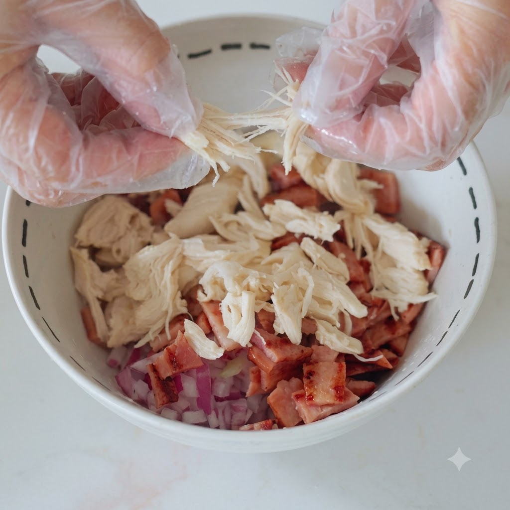 ボウルの中で、茹で上がった鶏むね肉を手で細かく引き裂いてほぐしている様子。
