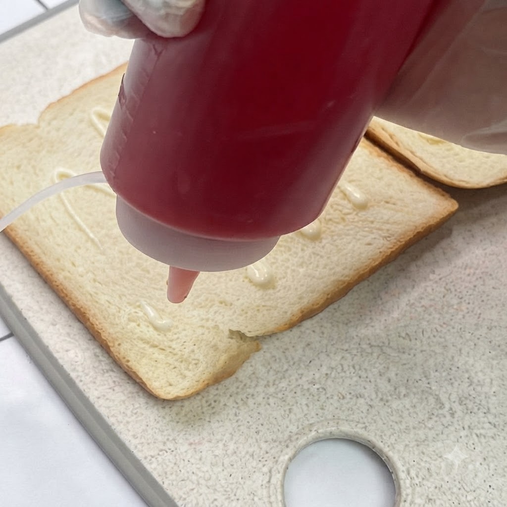 食パンの上にサラダドレッシングとケチャップがジグザグ状に絞られている様子。