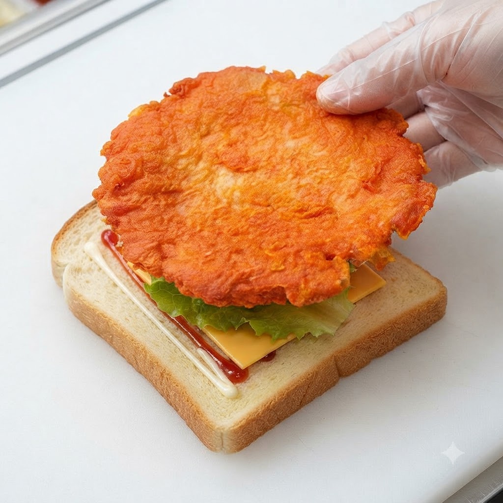オルレアン風チキンカツが、黄色いスライスチーズとパンの上に置かれているところ。