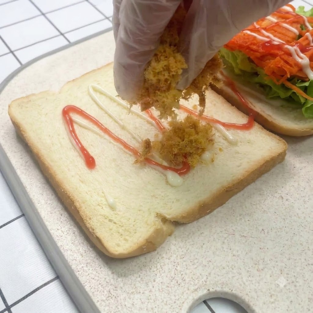 ソースを塗った食パン全体に、肉鬆が均等にふりかけられているところ。