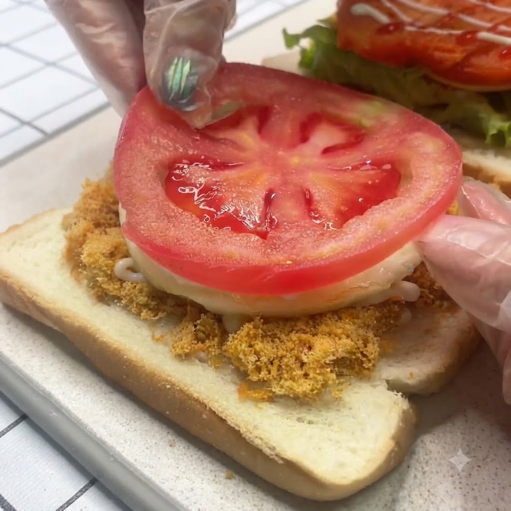 積み重ねたサンドイッチの目玉焼きの上に、フレッシュなトマトのスライスが置かれているところ。