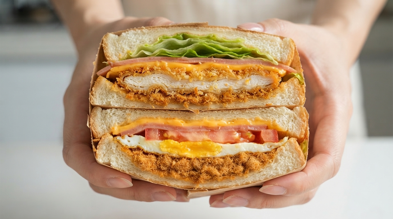 チキンカツ、チーズ、ハム、卵、新鮮な野菜のカラフルな層が見える、厚みのあるボリューミーなサンドイッチの2つ切り。