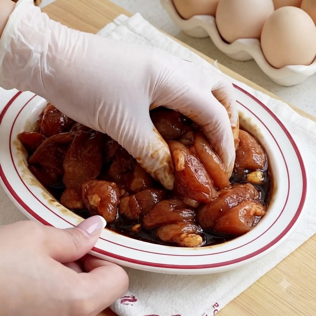 食品用手袋を着用した手が、白い皿の中で下味とコーンスターチを鶏肉の細切りによく揉み込んでいる様子