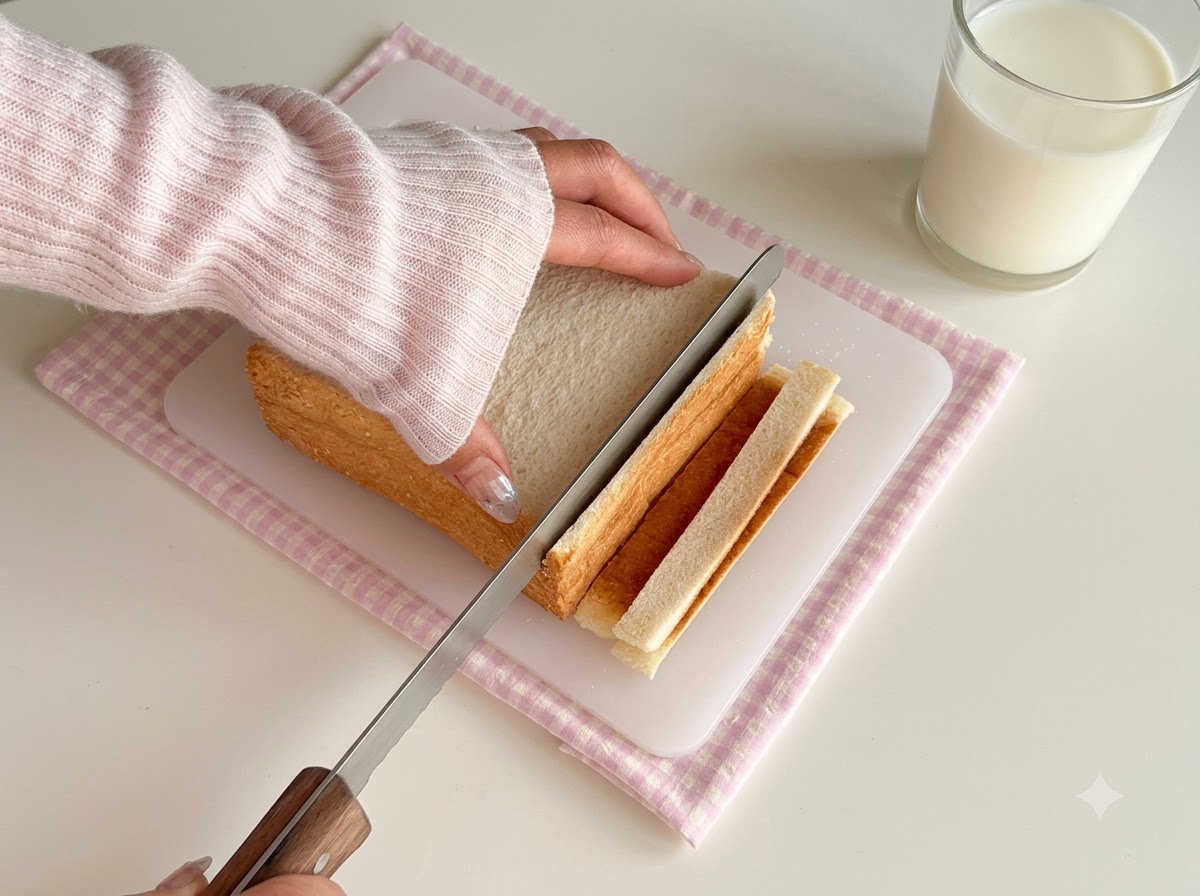 まな板の上でナイフを使って耳を切られている食パンのスライス。
