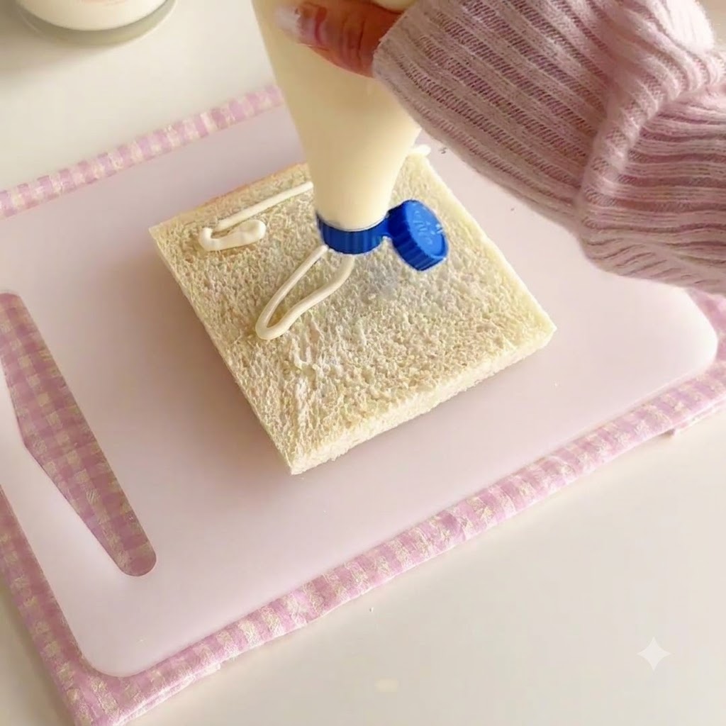 パンのスライスの上に絞り出され、塗り広げられるサラダドレッシング。
