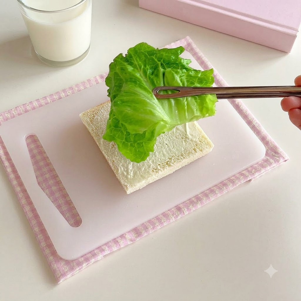 金属製の箸を使って、ソースが塗られた食パンの上に置かれる新鮮なグリーンレタスの葉。