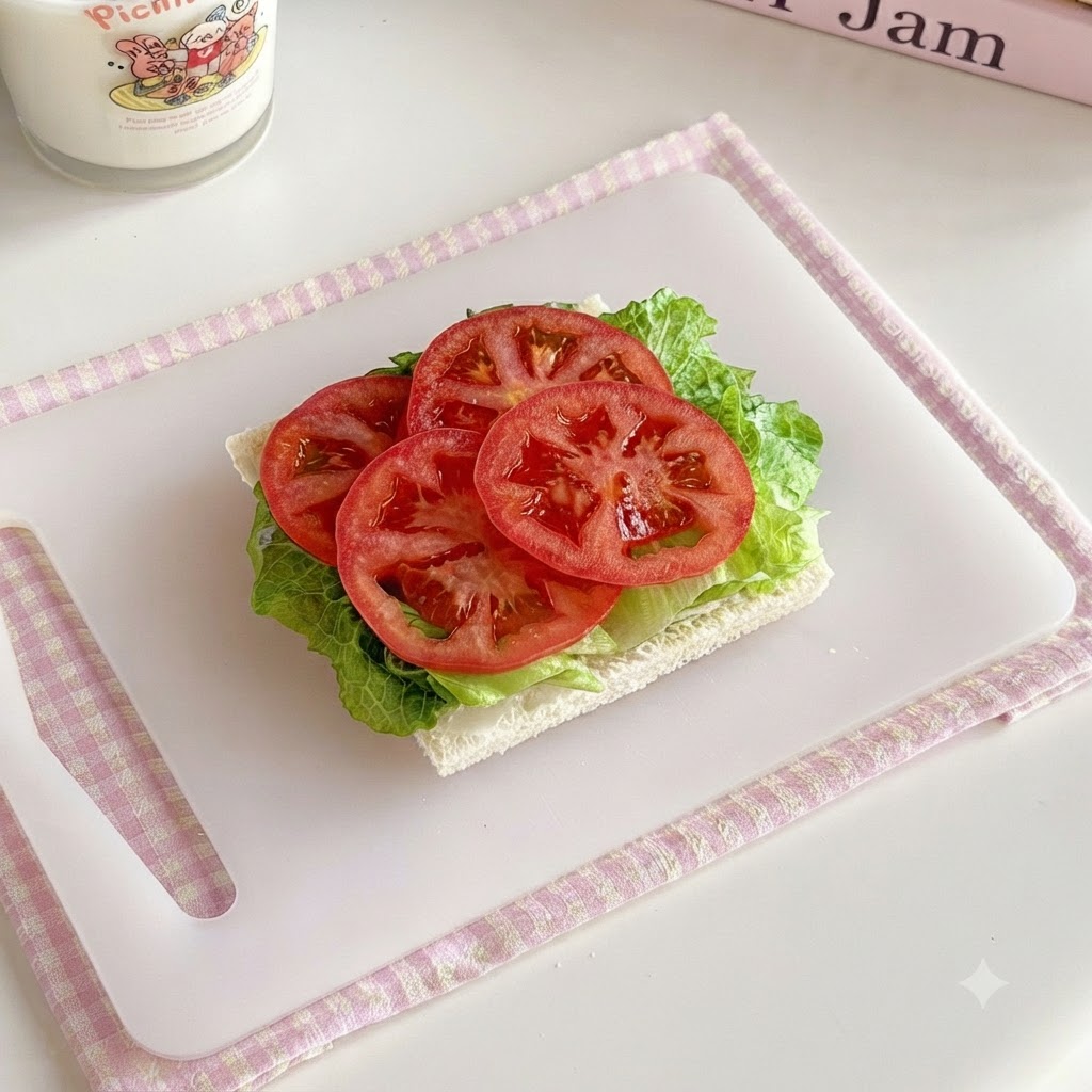 重ねられた野菜の上に置かれる2枚目のパンのスライス。
