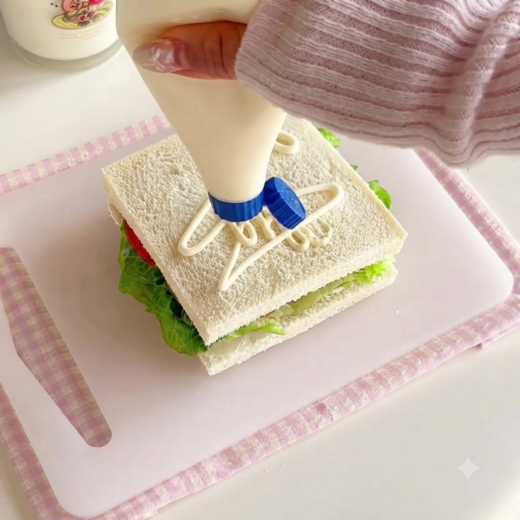 プラスチック容器から四角い食パンの上に格子状に絞り出されるサラダドレッシング。