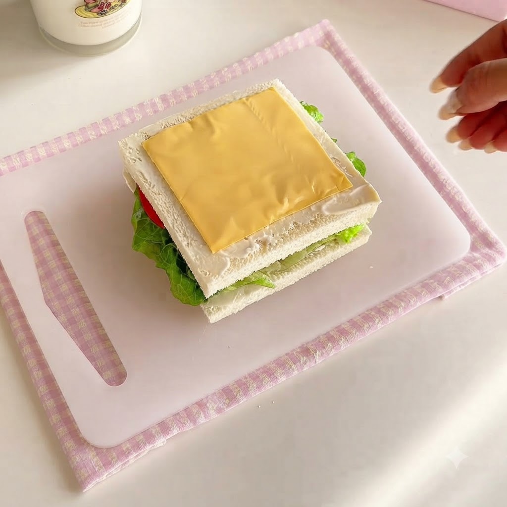 組み立てられたサンドイッチの層の上にきれいに置かれた四角いスライスチーズ。