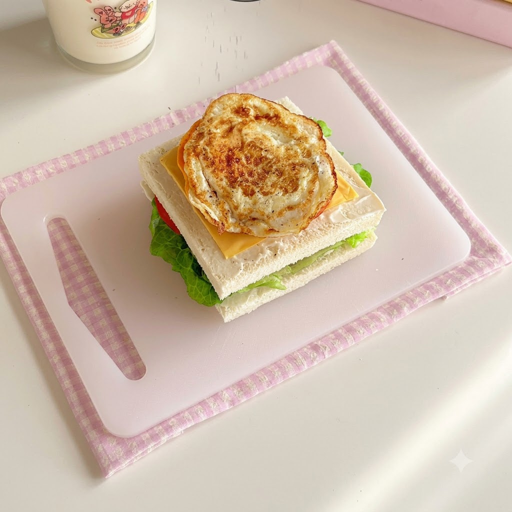 目玉焼きの上に挽きたての黒こしょうが振りかけられたサンドイッチの断面。