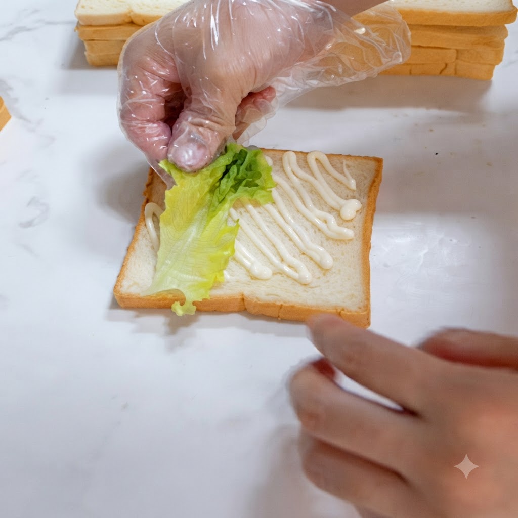 手袋をした手が、ドレッシングを塗った食パンの上に新鮮なグリーンレタスを丁寧に置いているところ。