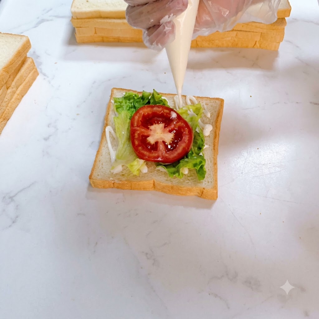 レタスの上にある赤いトマトのスライスに、絞り袋からサラダドレッシングがかけられているところ。