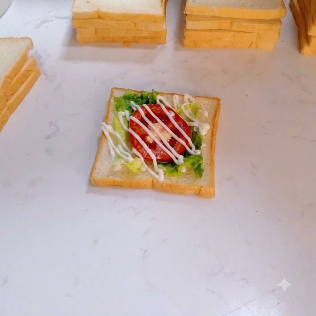 ふんわりとした細切りの肉でんぶが、ドレッシングと野菜の層の上に散らされているところ。