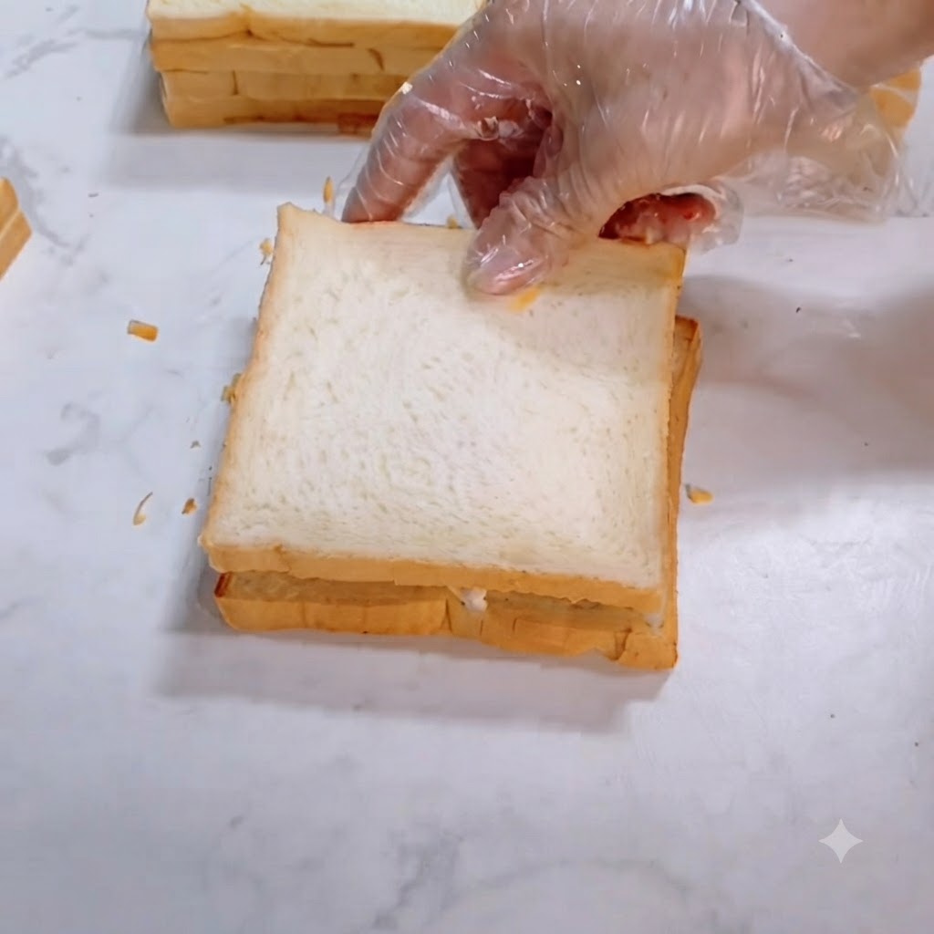 手袋をした手が、サンドイッチの具材の上に2枚目の食パンをそっと押さえつけているところ。