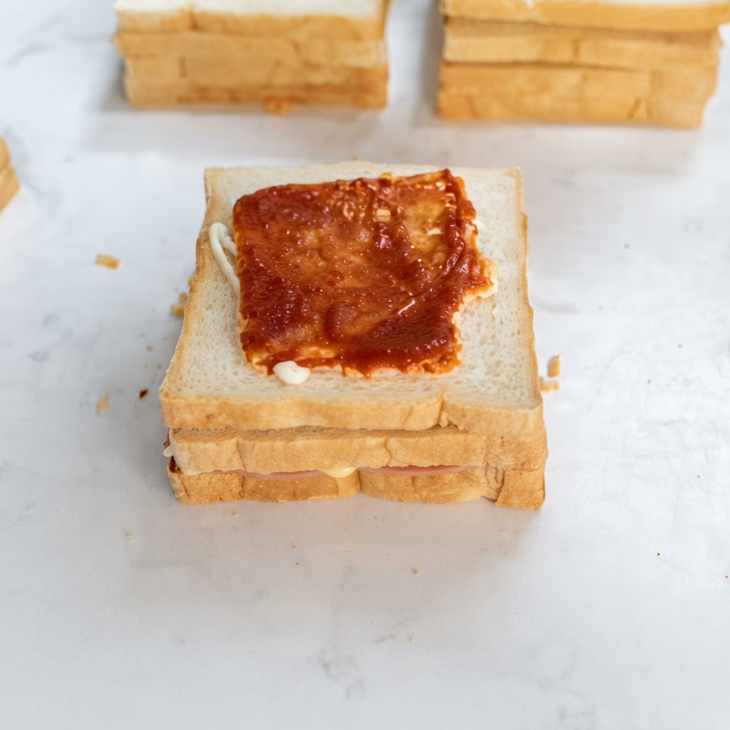 重ねられたパンの上のオルレアン風チキンカツに、サラダドレッシングがジグザグにかけられているところ。