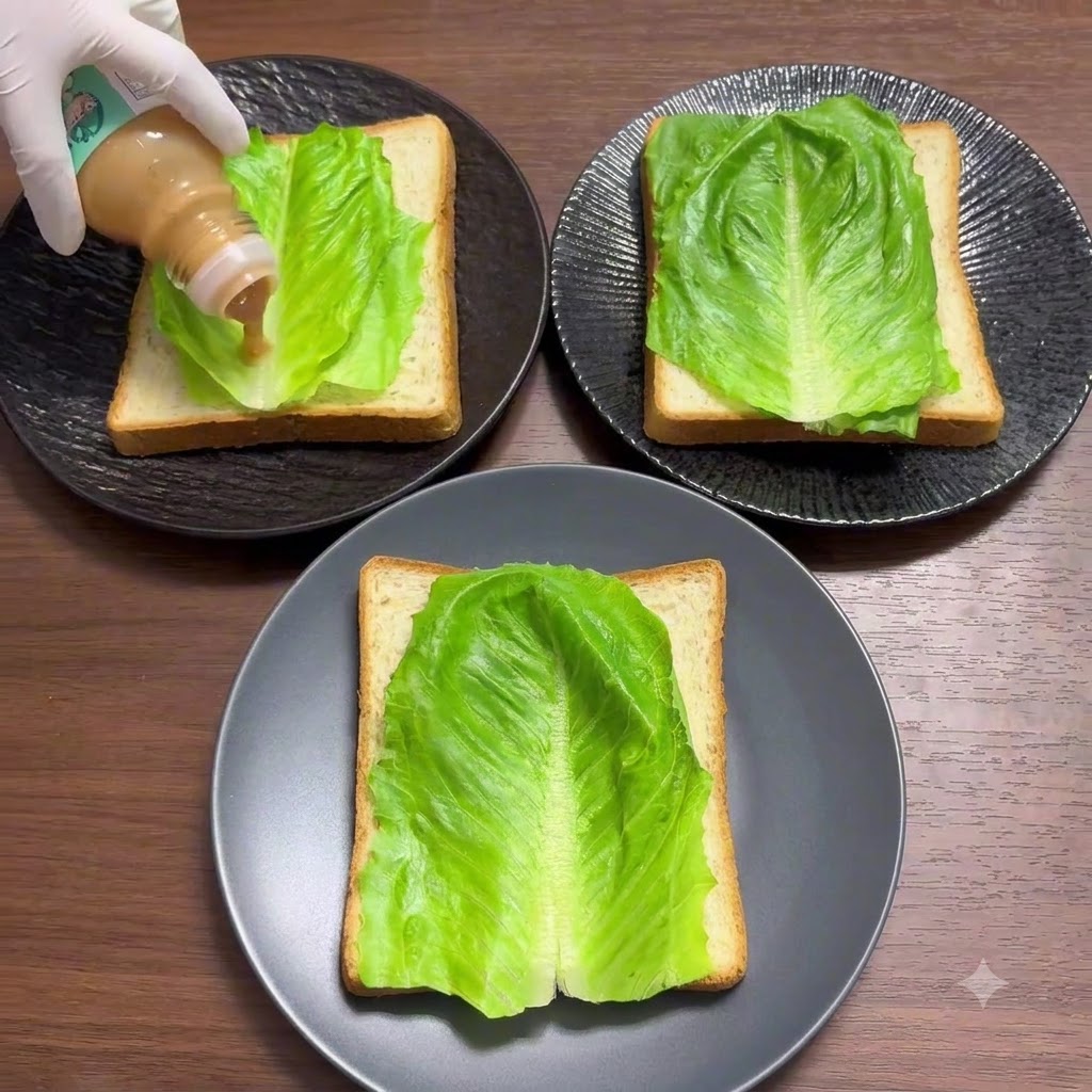 手袋をした手が、サンドイッチのレタス層にボトルからノンオイルドレッシングを絞り出しているところ。