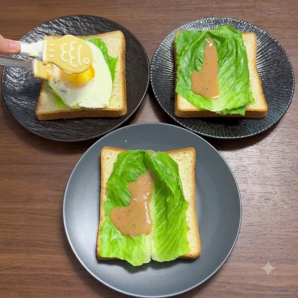 黄色いキッチントングを使用して、レタスとドレッシングの層の上に半熟卵をそっと乗せているところ。