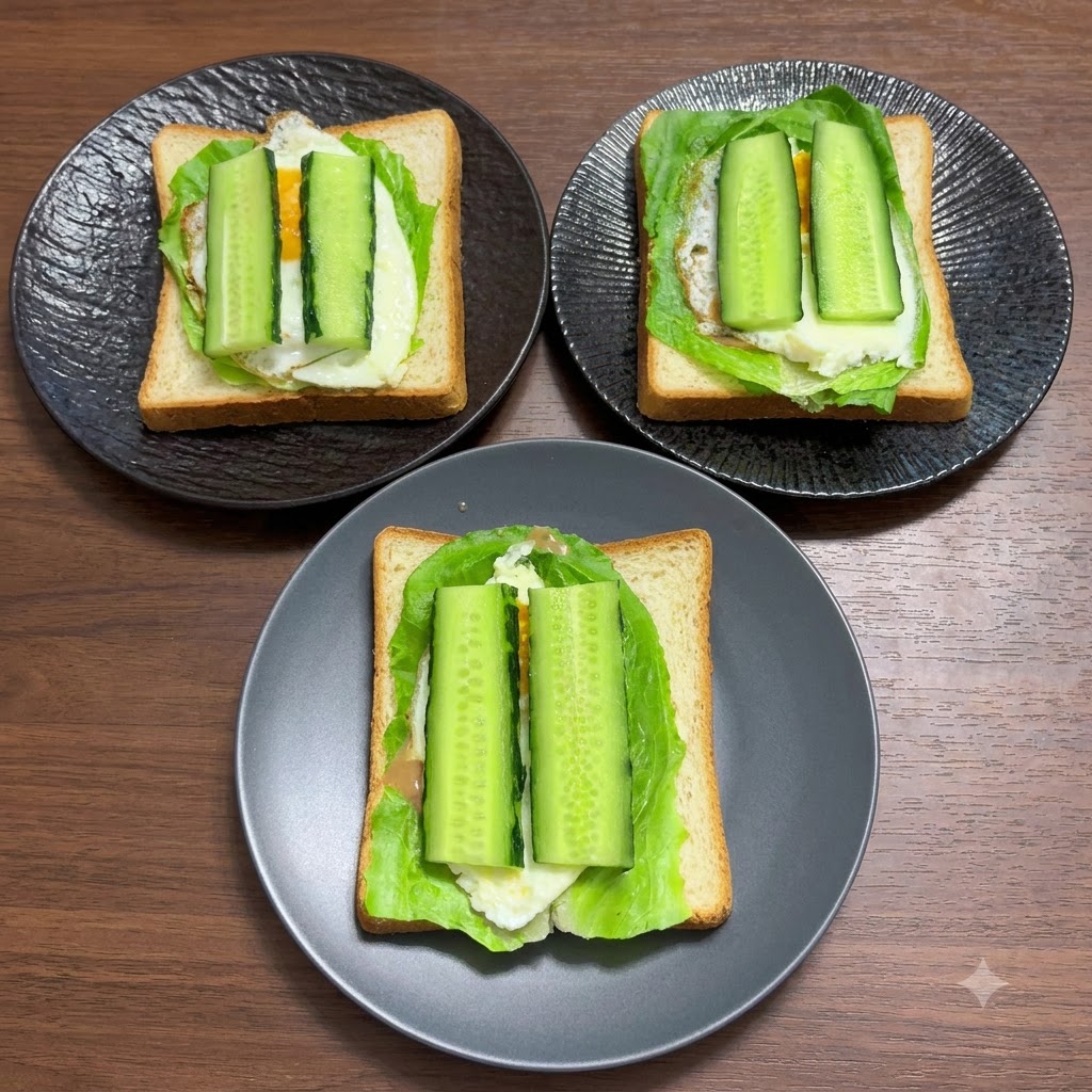 レタス、目玉焼き、きゅうりのスライスが乗せられた3枚の全粒粉パン。