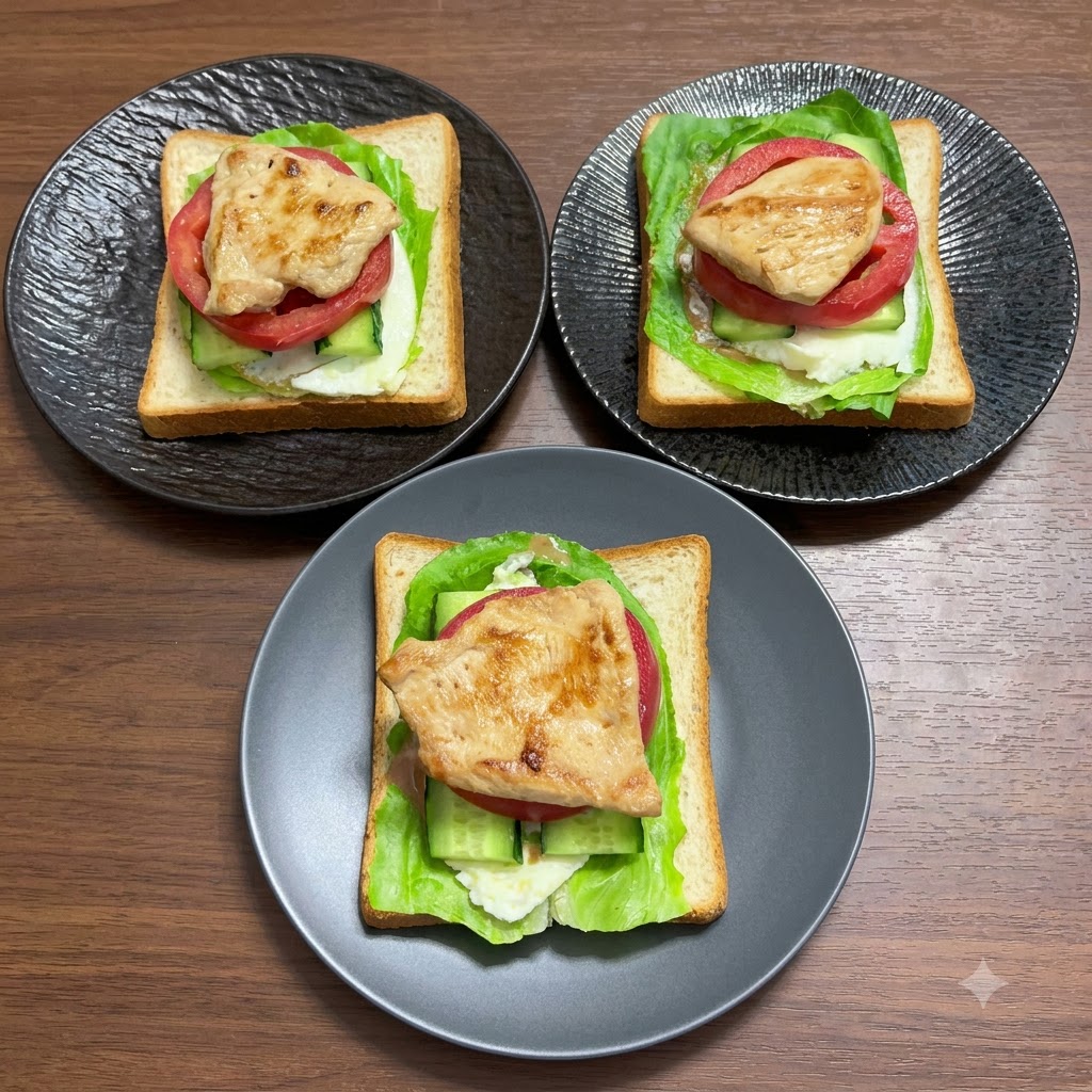 トマトの層の上に香ばしく焼き上げた鶏むね肉のピースが乗せられているところ。