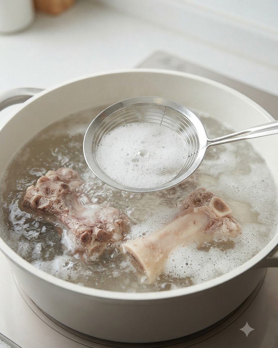 白い鍋で煮立っているお湯から網じゃくしでアクをすくっている様子