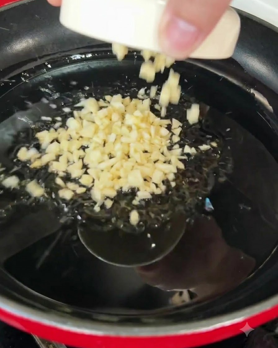 フライパンの中で熱したオリーブオイルに包まれパチパチと音を立てるみじん切りニンニク