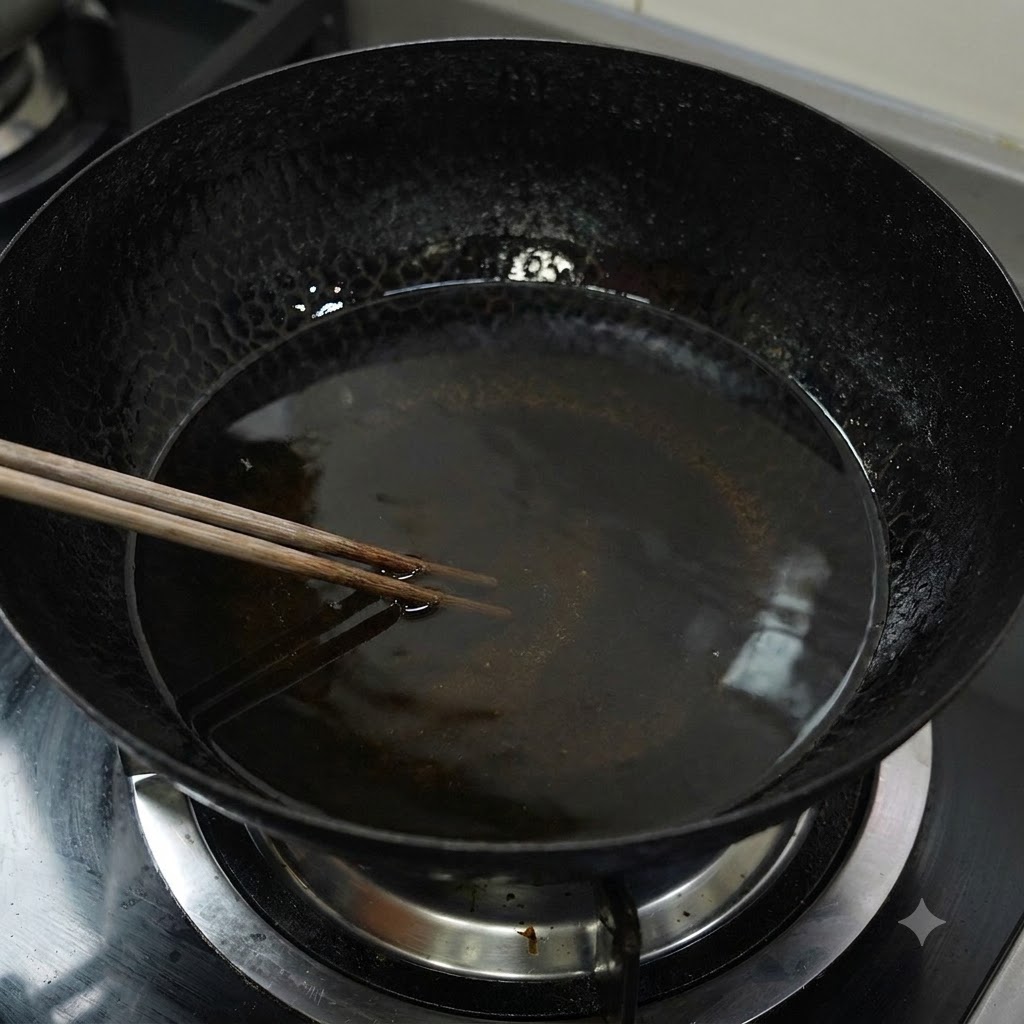 熱した油と木製箸が入った大きめの黒い中華鍋での揚げ物調理の様子。